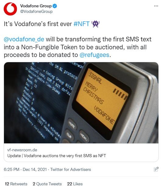 英國(guó)沃達(dá)豐公司也表示，計(jì)劃將拍賣(mài)所得全部捐贈(zèng)給聯(lián)合國(guó)難民署，以支持那些被迫逃離家園的人。(圖片來(lái)源：英國(guó)沃達(dá)豐公司社交媒體截圖)