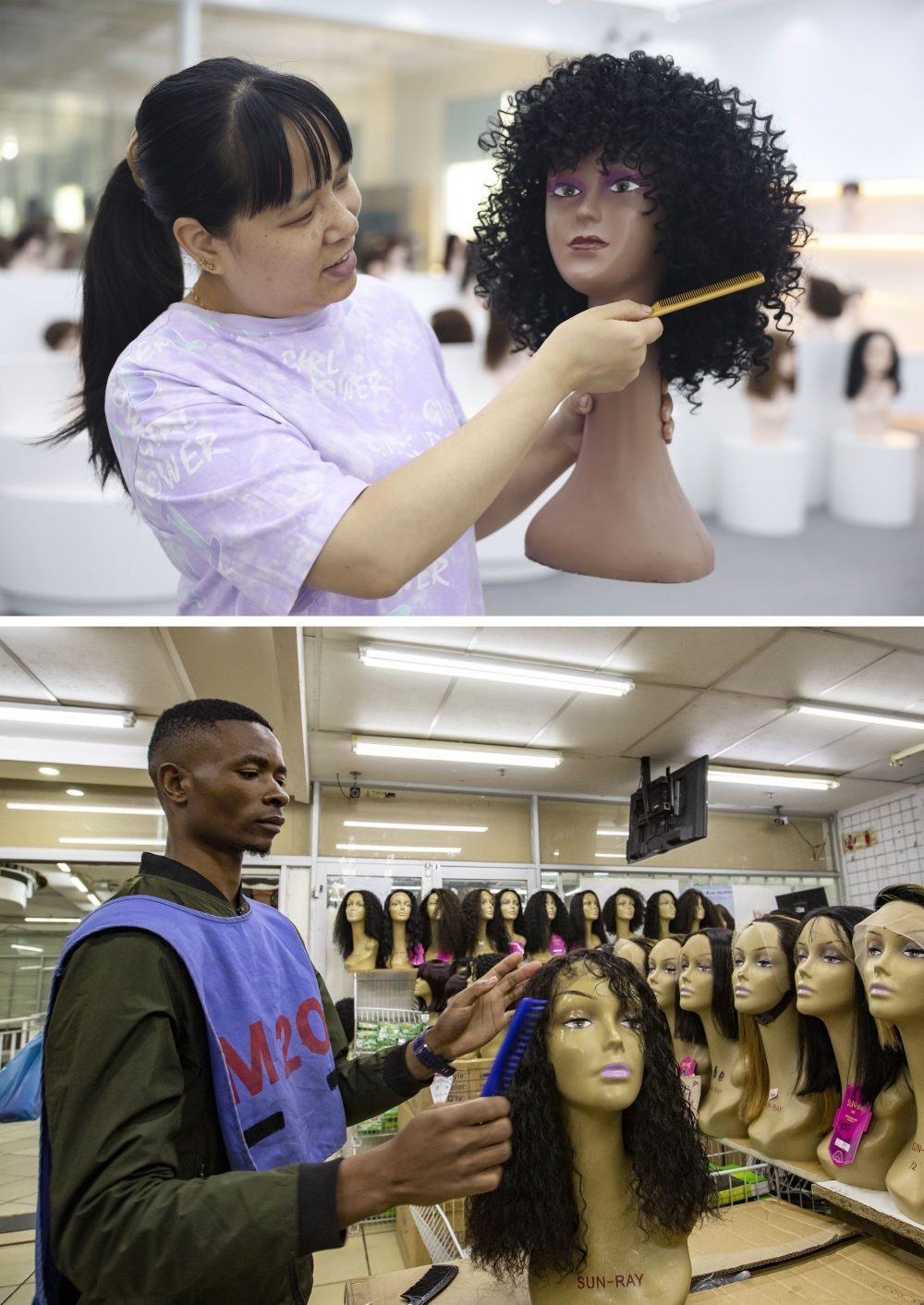 拼版照片：上圖為2023年5月25日，工人在湖南邵陽陽光發(fā)品有限公司展廳展示假發(fā)（新華社記者薛宇舸攝）；下圖為2023年6月9日，一名店員在湖南邵陽陽光發(fā)品有限公司位于南非約翰內(nèi)斯堡的店鋪內(nèi)展示假發(fā)（新華社記者張譽(yù)東攝）。新華社發(fā)