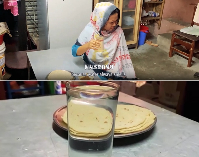 圖為紀(jì)實(shí)短片截圖：上圖為水質(zhì)未改善前，飲用水發(fā)黃渾濁；下圖為水廠建成后，飲用水水質(zhì)明顯改善，清澈透明。