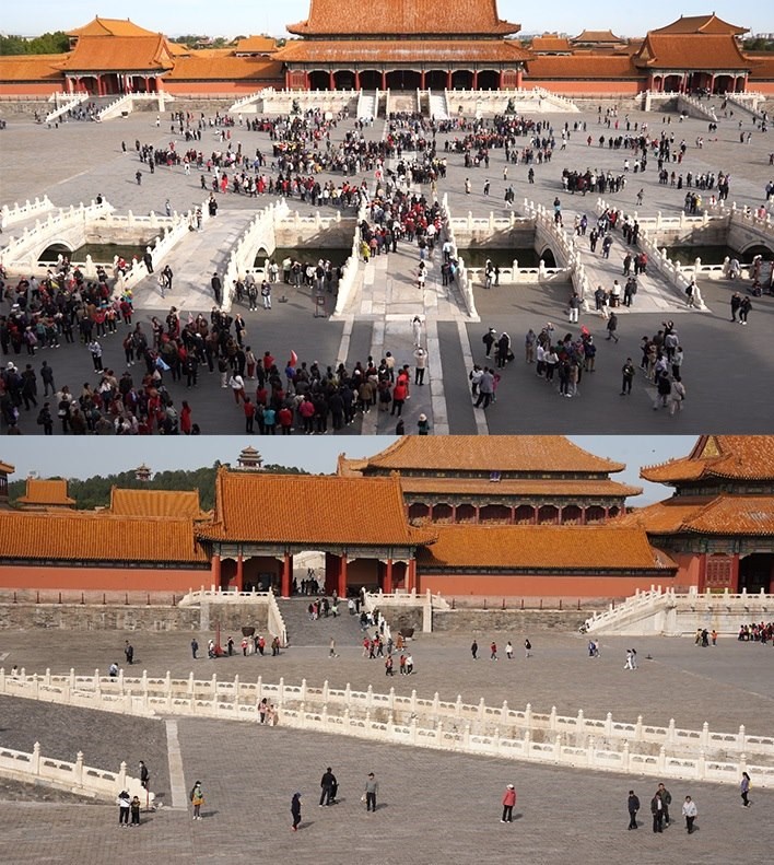上午9時(shí)和下午13時(shí)的太和門廣場(chǎng)客流對(duì)比。故宮博物院供圖