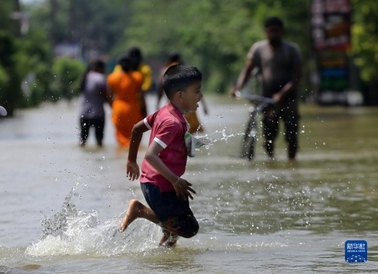 11月24日，一名男孩在斯里蘭卡加姆珀哈涉水出行。新華社發(fā)（阿吉特·佩雷拉攝）