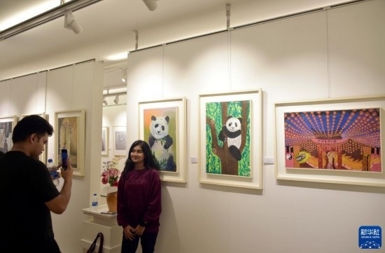 11月22日，在孟加拉國達(dá)卡，人們?cè)凇皣矣∠蟆崩L畫展上參觀拍照。新華社發(fā)（薩利姆攝）