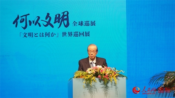 日本前首相福田康夫致辭。人民網(wǎng) 蔣曉辰攝