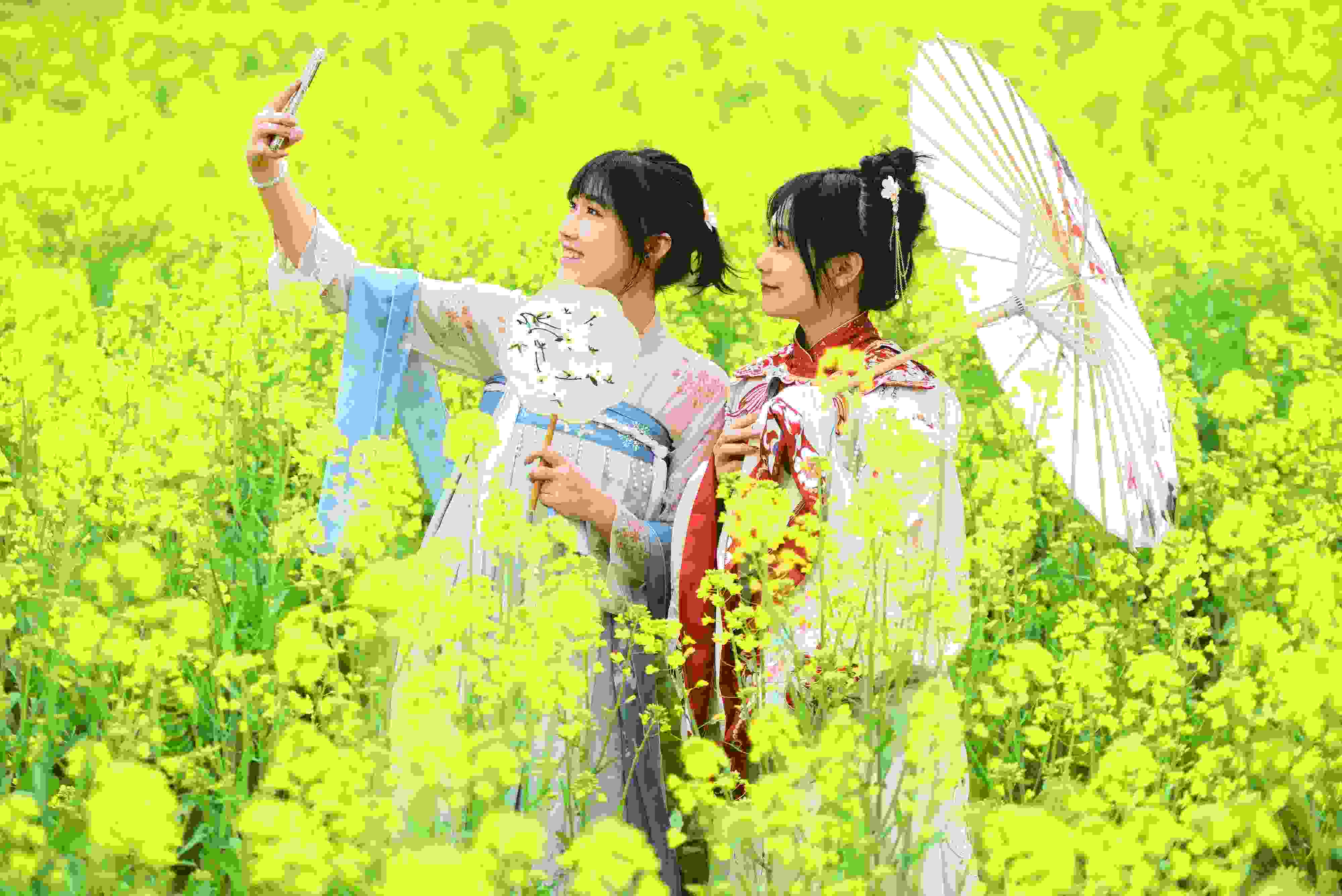 △ 2024年2月16日，廣西賀州，在富川瑤族自治縣麥嶺鎮(zhèn)三民村，游客在油菜花田間賞花拍照。