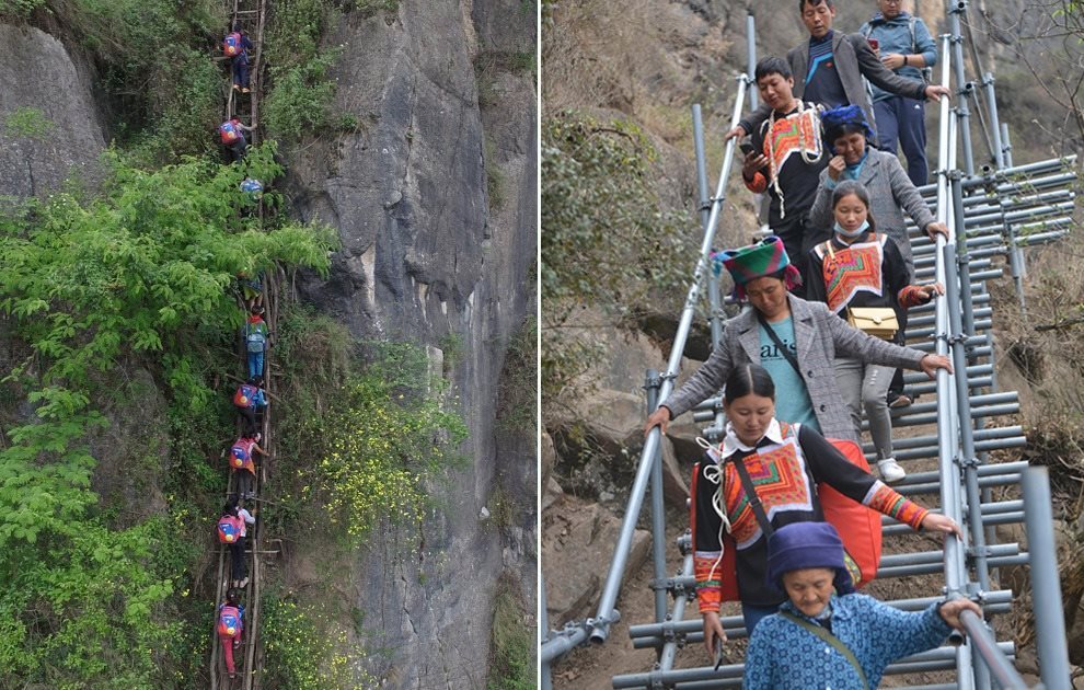 “懸崖村”今昔對比：左圖為2016年5月14日，“懸崖村”的孩子們攀爬木梯回家。右圖為2020年5月13日，“懸崖村”村民帶著行李通過鋼梯下山，搬遷至易地扶貧集中安置點(diǎn)的新家。