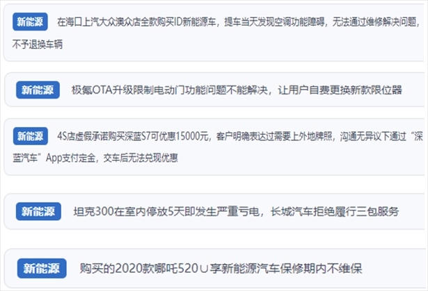 “人民投訴”用戶吐槽新能源汽車功能障礙多發(fā)、升級后配套服務(wù)跟不上、虛假優(yōu)惠、保修期內(nèi)不維保的問題。（“人民投訴”平臺截圖）