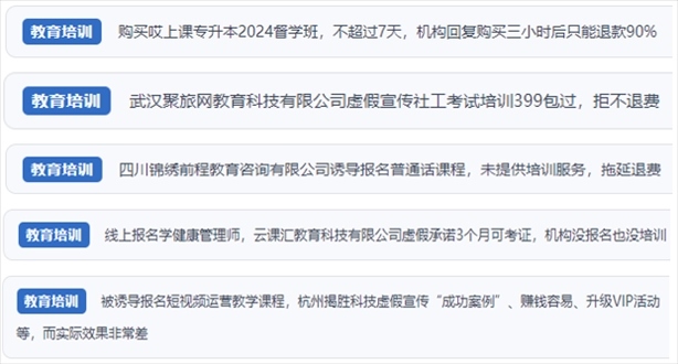 “人民投訴”用戶舉報機構(gòu)虛假宣傳包過包拿證、虛假承諾收益效果、課程服務(wù)貨不對板、退款難等在線教培亂象。（“人民投訴”平臺截圖）