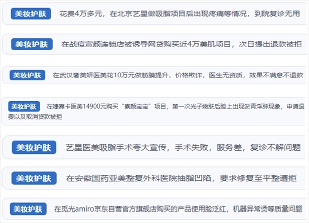 “人民投訴”用戶舉報醫(yī)美未達(dá)預(yù)期效果或?qū)е律眢w損傷退款遭拒、機構(gòu)及服務(wù)人員虛假資質(zhì)、被誘導(dǎo)高額醫(yī)美貸、網(wǎng)購美容儀器質(zhì)量不過關(guān)等問題。（“人民投訴”平臺截圖）