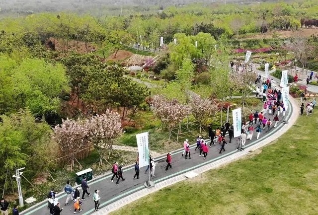 4月27日，登山愛好者在浮山森林公園參加登山健身活動（無人機照片）。新華社記者 李紫恒攝