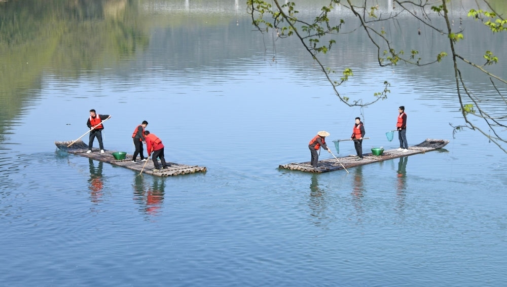 浙江省臺(tái)州市仙居縣步路鄉(xiāng)黨員志愿者與河長(zhǎng)一起在永安溪巡河護(hù)水，清理雜物垃圾（2024年3月20日攝）。新華社發(fā)（王華斌攝）