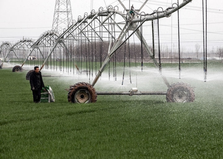 2024年3月18日，在河南省焦作市博愛縣孝敬鎮(zhèn)東原莊村瑞輝家庭農(nóng)場(chǎng)，村民使用全自動(dòng)指針式噴灌機(jī)進(jìn)行澆灌作業(yè)。新華社發(fā)（程全攝）