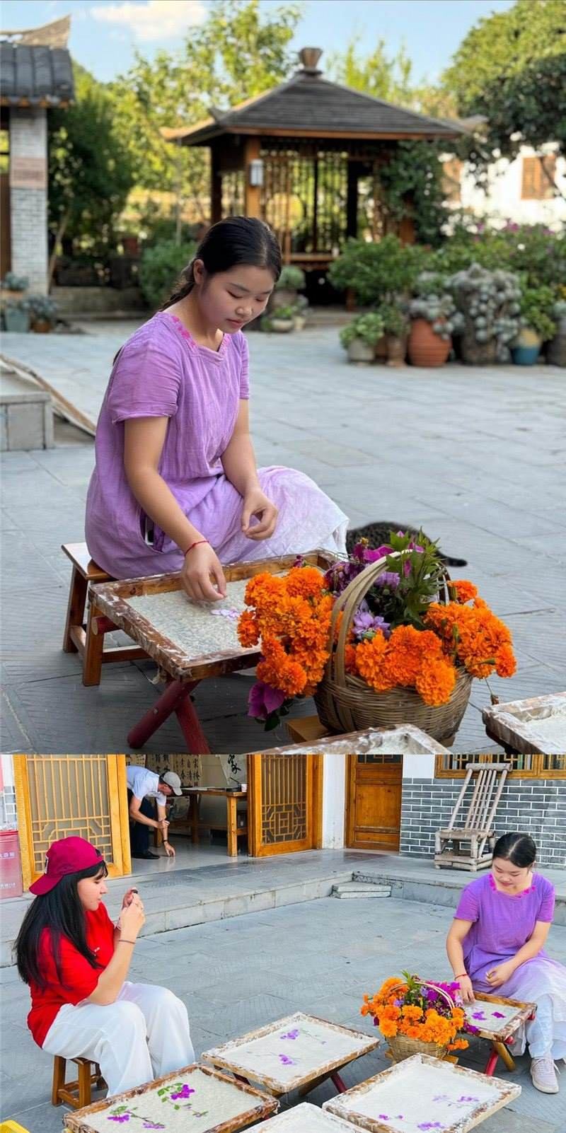 沒(méi)有女生不愛(ài)花。以古法造紙技藝為基礎(chǔ)，再輔以花草枝葉勾勒各式圖案，創(chuàng)作出花茂村獨(dú)具特色的紙漿壓花畫，少女手中的花是她眼中的風(fēng)景，而她與正在制作的紙漿壓花畫也是別人眼中的風(fēng)景。（哈薩克斯坦BAQ通訊社高級(jí)記者古爾詹·拉曼庫(kù)洛娃、張亞欣攝）