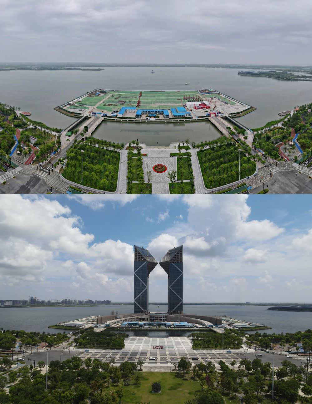 拼版照片：空中俯瞰中國(guó)（上海）自由貿(mào)易試驗(yàn)區(qū)臨港新片區(qū)滴水湖西島中銀金融中心項(xiàng)目現(xiàn)場(chǎng)（上圖為2021年6月20日攝，無人機(jī)照片；下圖為2024年8月14日攝，無人機(jī)照片）。2019年8月20日，臨港新片區(qū)揭牌成立，一個(gè)開放新高地在長(zhǎng)江與東海交匯處日益崛起。