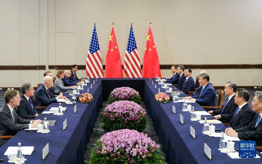 當(dāng)?shù)貢r(shí)間11月16日下午，國家主席習(xí)近平在利馬同美國總統(tǒng)拜登舉行會晤。新華社記者 丁林 攝