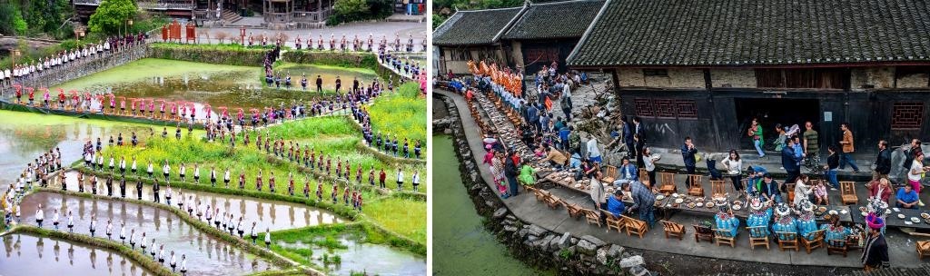 左圖：近期，人們在黎平縣肇興侗寨的田園里演唱侗族大歌（黎平縣委宣傳部供圖）；右圖：這是2023年拍攝的十八洞村長桌宴（湘西州委宣傳部供圖）。