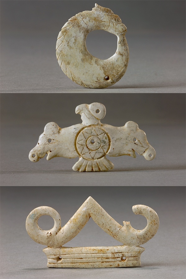 玉龍（上）、玉鷹（中）和玉冠飾（下）。國家文物局供圖